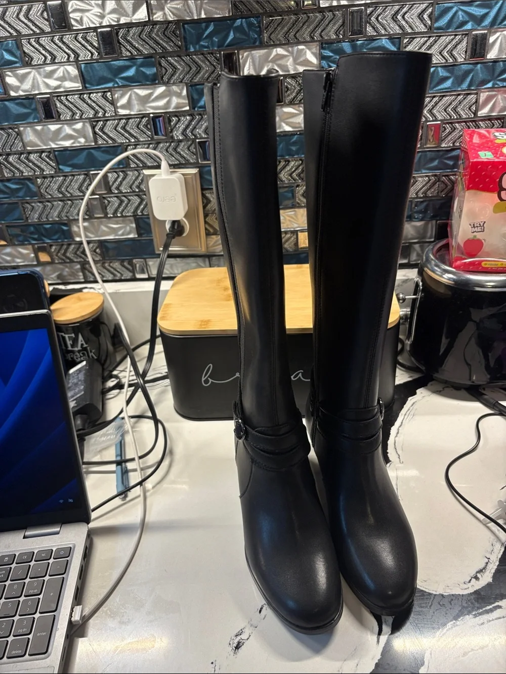 Clarks Black Over-the-Knee Riding Boots with Ankle Strap Detail